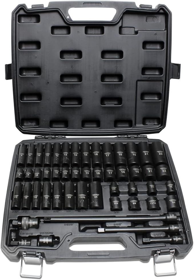 TIGHTSPOT 3/8" Drive 50pc Impact Socket PRO SET, our Most Popular Set Ever with SAE & Metric from 5/16 Inch - 3/4 Inch, 8mm-19mm + 21mm + 22mm, Standard/Deep Sockets, Extension Bars, Adapters & More