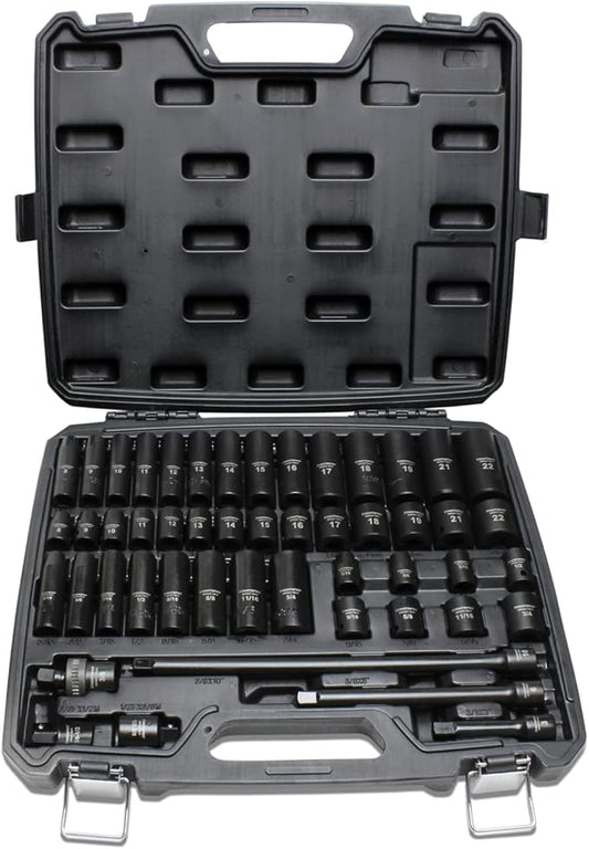 TIGHTSPOT 3/8" Drive 50pc Impact Socket PRO SET, our Most Popular Set Ever with SAE & Metric from 5/16 Inch - 3/4 Inch, 8mm-19mm + 21mm + 22mm, Standard/Deep Sockets, Extension Bars, Adapters & More