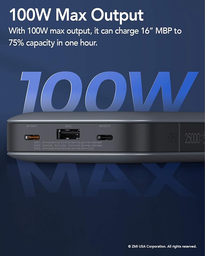 ZMI PowerPack No. 20, QB826G Ultra Laptop Power Bank Worldwide Ed. 25000 mAh PD Max 100W Single Port, Max 210W Total, USB C Portable Charger for MacBook Pro & Laptops That Receive Charge via USB C