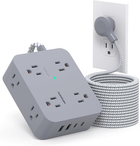Surge Protector Power Strip 15 Ft Long Cord, 8 Outlets 4 USB Ports(2 USB C), Flat Plug, Desk Charging Station for Home Office College Dorm Room Essentials