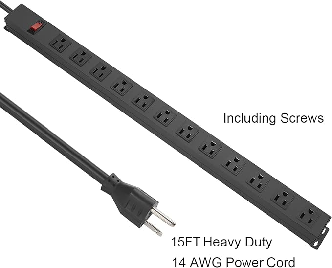 HHSOET Metal Wall Mount Power Strip, Mountable Power Outlet with 12 AC Outlets, Aluminum Alloy Mount Power Socket with Switch, 15 FT SJT 3/C 14AWG Power Cord, 15A 125V 1875W (12AC)