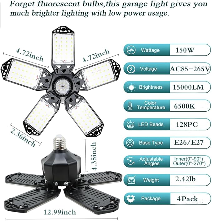 160W LED Garage Light 4Pack, 16000 Lumen Ceiling Lights with 5+1 Adjustable Panels, 6500K Daylight Light Bulb Fixture LED Lights for Garage, Workshop (New 160W 4Pack)