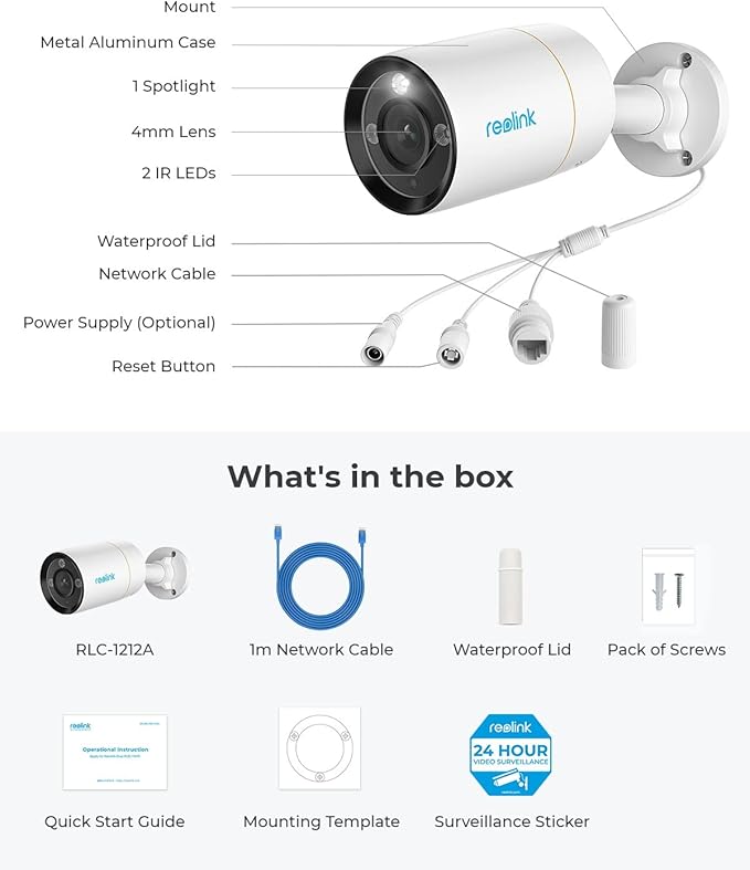 REOLINK 12MP PoE IP Camera Outdoor, Bullet Surveillance Cameras for Home Security, Smart Human/Vehicle/Pet Detection, 700lm Color Night Vision, Two Way Talk, Up to 256GB microSD Card, RLC-1212A