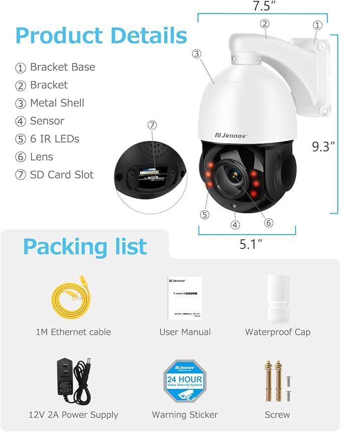 4K 8MP Outdoor PTZ IP POE Camera with Pan Tilt 20X Optical Zoom & Human Detection, Speed Dome Security Camera with 320ft IR Night Vision, Auto Tracking, Hikvision Onvif Compatible