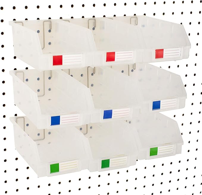 Pegboard Bins – 9 Pack Clear Extra Large - Hooks to Any Peg Board - Organize Hardware, Accessories, Attachments, Workbench, Garage Storage, Craft Room, Tool Shed, Hobby Supplies, Parts