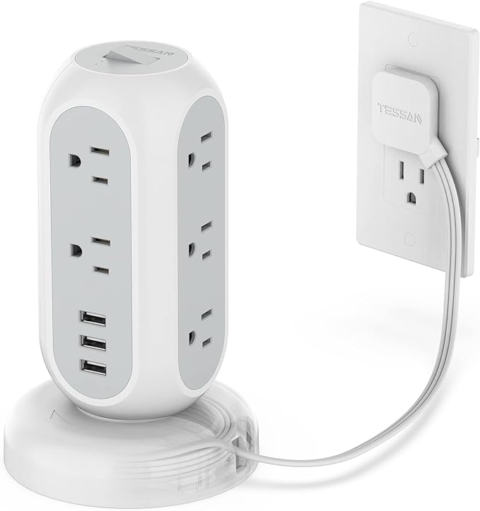 Flat Plug Power Strip Tower, TESSAN Ultra Thin Retractable Extension Cord 5 FT, Surge Protector 11 Outlets with 3 USB Charging Station, 1050J, Office Supplies, Desk Accessories, Dorm Essentials