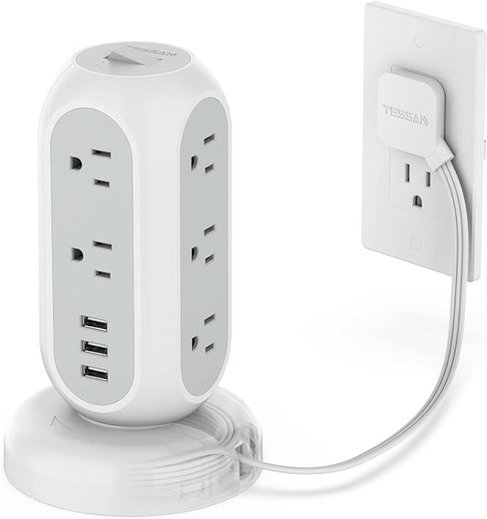 Flat Plug Power Strip Tower, TESSAN Ultra Thin Retractable Extension Cord 5 FT, Surge Protector 11 Outlets with 3 USB Charging Station, 1050J, Office Supplies, Desk Accessories, Dorm Essentials