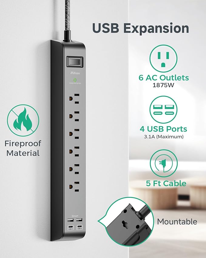 2 Pack Surge Protector Power Strip with 6 Outlets 2 USB Ports 5-Foot Long Heavy-Duty Braided Extension Cords Flat Plug 900 Joules 15A Circuit Breaker Wall Mount for Home Office ETL Listed