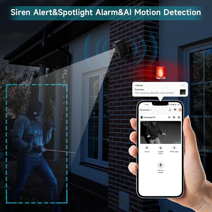 4Pack Security Cameras Wireless Outdoor, 2K Battery Powered WiFi Security Indoor Camera with Spotlight & Siren Alarm, 2-Way Audio, Color Night Vision, AI Detection for Home Security,Works w/Alexa