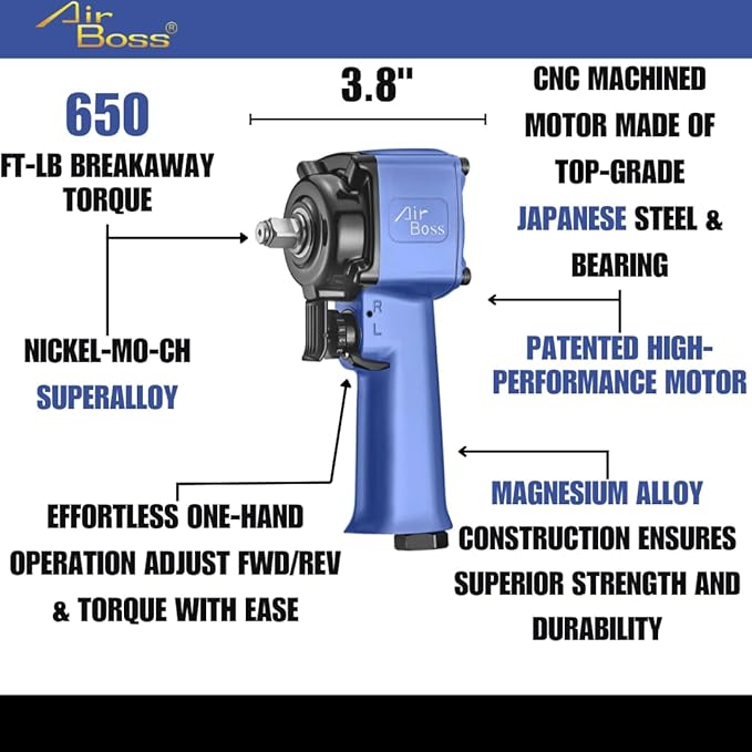 AirBoss AW-90J 1/2" Lightweight Air Impact Wrench – 650 ft-lb Breakaway Torque, Jumbo Hammer Mechanism, Compact Design for Automotive and Industrial Use
