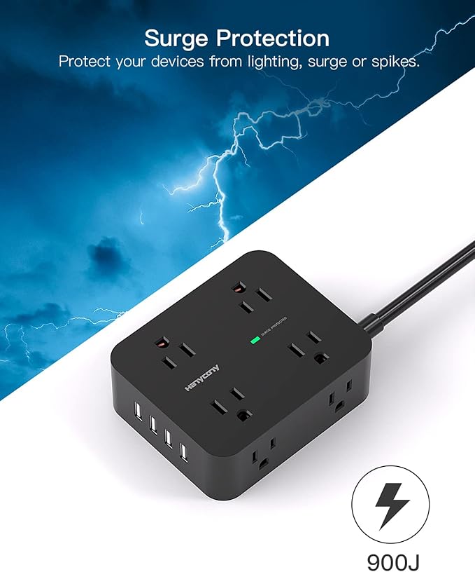 HANYCONY Power Strip Surge Protector, 5 Ft Exetnsion Cord with Multiple Outlets, Outlet Extender with 4 USB Ports, Flat Plug, Wall Mount for Home Office Dorm Room Essentials, ETI Listed, Black