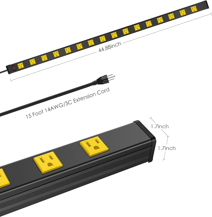 JUNNUJ Long Metal 16 Outlet Power Strip, Wide Spaced Garage Industrial Power Strip, Heavy Duty Power Strip with 15 FT Cord 15A, 125V, 1875W. Yellow