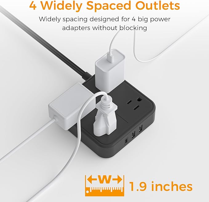 Black Flat Extension Cord 10 FT, TESSAN Power Strip 10 Feet with 4 Widely Outlets 3 USB Wall Charger (1 USB C), Ultra Thin Long Extension Cord Mountable for Indoor, Office, Dorm Essentials