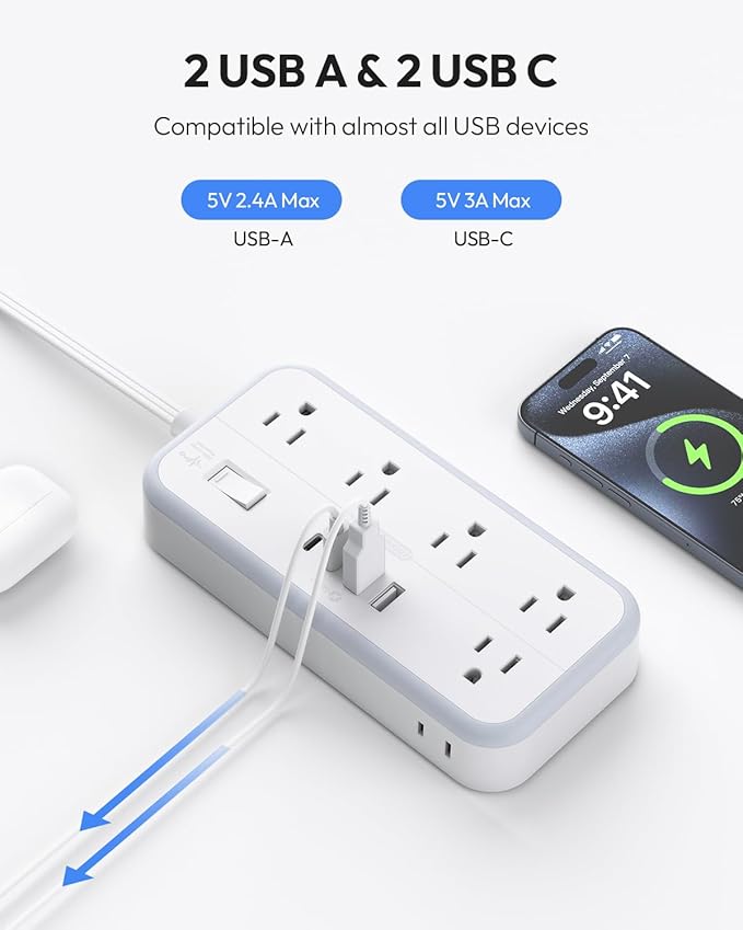 Flat Extension Cord 15 FT, NTONPOWER Surge Protector Power Strip with 10 Widely Outlets 4 USB Ports (2 USB C), 3 Side, Overload Protection, 2700J, Wall Mount, Multiple Outlets for Home Office, White