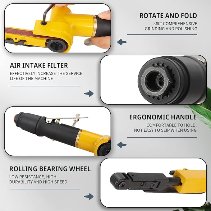 3/8''x 13'' Mini Air Belt Sander with 2 Sanding Belts (10mmx330mm) Pneumatic Tool Grinder Belt Sanders for Metal Working, Weld Removal, Blending, Contour Sanding, Finishing