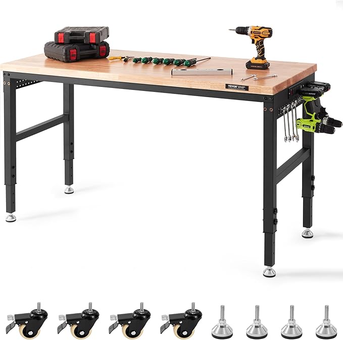 VEVOR Adjustable Workbench, 60" L x 22" W, 28"-39.5" Heights, 2000 lbs Load Capacity, Garage Worktable with Universal Wheels, Power Outlets & Hardwood Top & Storage & Foot Pads, for Office & Home
