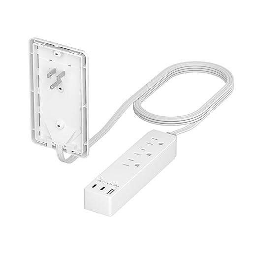 LIDER Outlet Extender with 3 Receptacles, 21W USB Type-A, and 2 USB Type-C, USB Port, Ultra-Thin Wall Plate Plug with Cord Extender, 3-Outlet Power Strip, Flat-Face, Slim Design, 3ft Cord, White