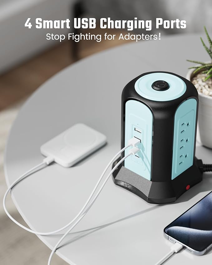 Power Strip Tower Surge Protector, SUPERDANNY Desktop Charging Station, 10 Ft Extension Cord, 9 Outlets, 4 USB Ports, 1080 Joules, 3-Prong, Grounded, Multiple Protections for Home, Office, Blue