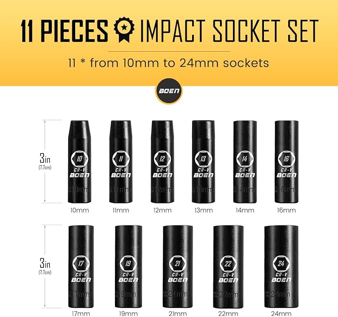BOEN 1/2" Drive Deep Impact Socket Set, 11 Pieces Socket Set Metric 10-24mm, 6 Point Design, Cr-V Steel, Laser Marking, Durable Storage Case, Meets ANSI Standards