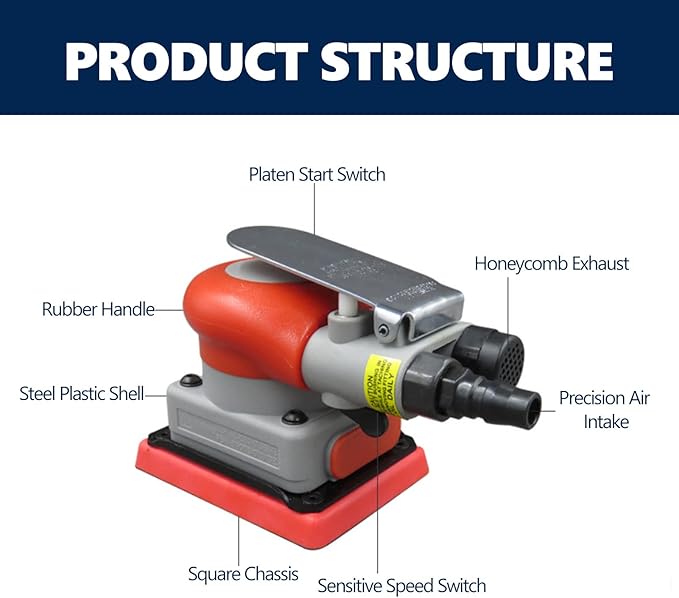 WALFRONT Pneumatic Sander 10000 RPM Air Orbit Finishing Sander for Wood Sanding Car Waxing Metal Sanding 75 x 100mm / 3.00 x 4.00in