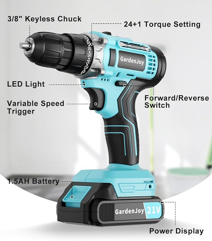 Cordless Power Drill: GardenJoy Cordless Drill 21V Electric Power Drill Set with Battery and Fast Charger, 65pcs Acessories,2 Variable Speed Control,3/8-Inch Keyless Chuck and 24+1 Torque for hardwood