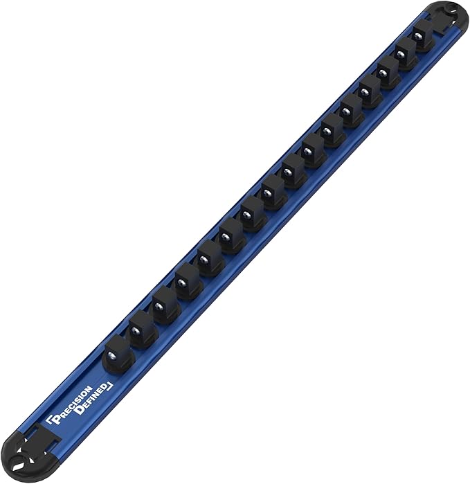 Precision Defined Aluminum Tool Socket Holder | Blue, Single 3/8-Inch Socket Organizer x 16 Clips | Heavy Duty Socket Rails Organizer, Socket Storage, Socket Tray 360 Rotation