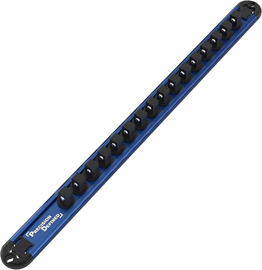 Precision Defined Aluminum Tool Socket Holder | Blue, Single 3/8-Inch Socket Organizer x 16 Clips | Heavy Duty Socket Rails Organizer, Socket Storage, Socket Tray 360 Rotation