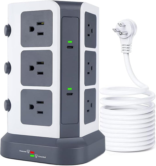 KOOSLA Power Strip Tower with 2 USB C, 1500J Surge Protector with 12 Outlets& 5 USB(1875W/15A), 16.4 ft Extension Cord with Multiple Outlets, Office Desk Supplies, Dorm Room Essentials, Gray