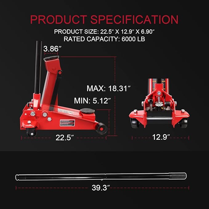 Heavy Duty Hydraulic Car Floor Jack with Quick Lift Pump for All Terrain Vehicles, 3 Ton Capacity, Red