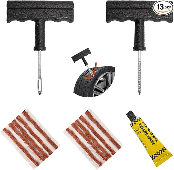 13 PCS Tire Repair Kit, T-Handle Tire Repair Tools with 10 Rubber Strings to Fix Punctures and Plug Flats, Emergency Tire Repair Kit for Cars, Universal Car Accessories (Small)