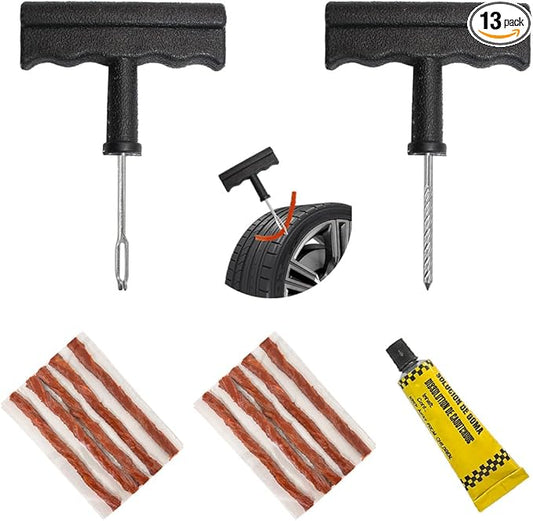 13 PCS Tire Repair Kit, T-Handle Tire Repair Tools with 10 Rubber Strings to Fix Punctures and Plug Flats, Emergency Tire Repair Kit for Cars, Universal Car Accessories (Small)