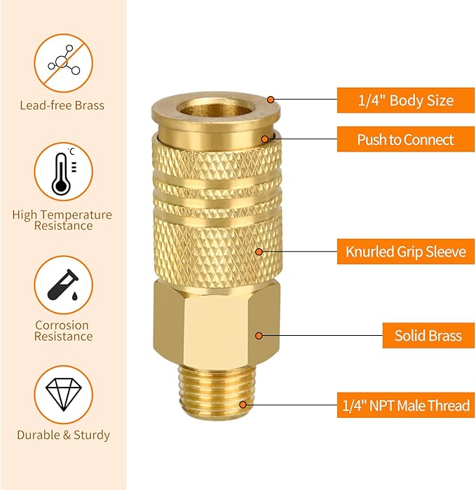 Air Coupler and Plug Kit, 5pcs Air Coupler and Plug Kit, 1/4 Inch NPT Industrial Brass Air Hose Fittings, Quick Connector Air Fittings for Automotive and Home (5pcs 1/4" NPT Coupler)