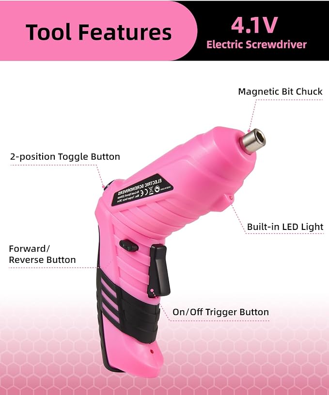 Pink Cordless Electric Screwdriver Set, 4.1V Rechargeable Small Electric Drill with 48pcs Driver Bit Set, Power 3Nm Screw Gun with 2 Position Handle, Flexible Shaft LED Light for Women