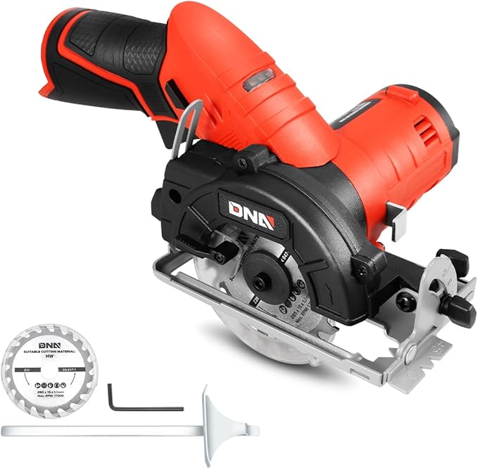 DNA MOTORING TOOLS-00174 12V Compact Cordless Circular Saw with 85mm 20T Blade and Hex Key, Adjustable Cutting Depth/Angle, Red (Tool Only)