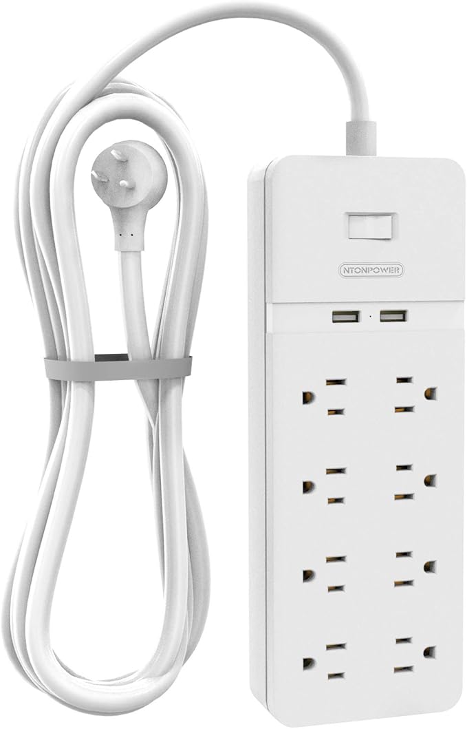25 ft Extension Cord Flat Plug, NTONPOWER 8 Outlet Surge Protector Power Strip with USB Ports, 1080 Joules, 15A Circuit Breaker, Wall Mount for Home Office Workshop or Garage, ETL Listed, White