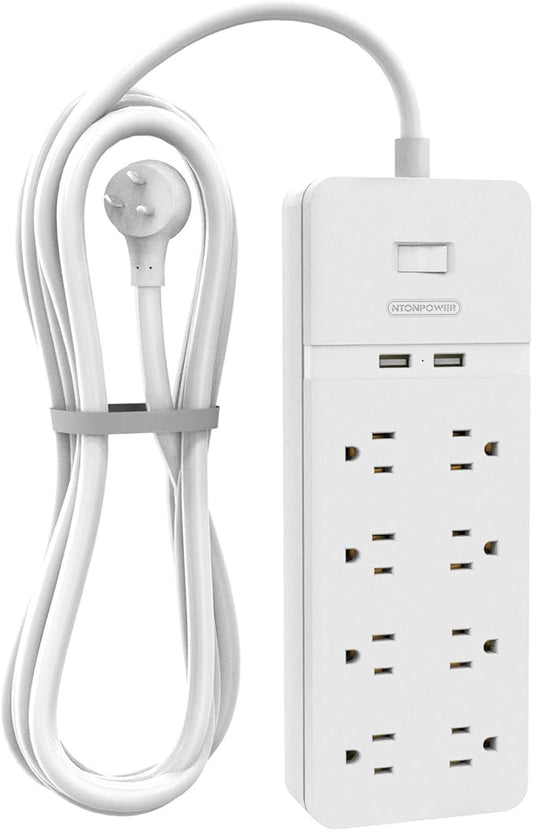 25 ft Extension Cord Flat Plug, NTONPOWER 8 Outlet Surge Protector Power Strip with USB Ports, 1080 Joules, 15A Circuit Breaker, Wall Mount for Home Office Workshop or Garage, ETL Listed, White