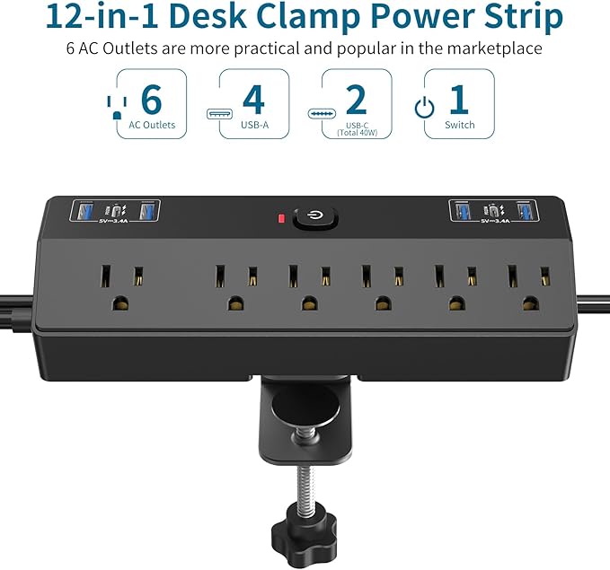 40W Fast Charging Desk Clamp Power Strip 2 PD USB C Desk Charging Station,10FT Desk Extension Cord Flat Plug with 6 AC/6 USB,Fararaka Removable Desk Surge Protector Power Strip Fits 1.8" Tabletop Edge