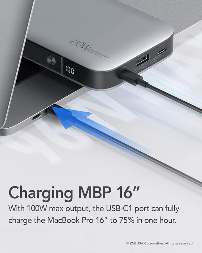 ZMI PowerPack No. 20, QB826G Ultra Laptop Power Bank Worldwide Ed. 25000 mAh PD Max 100W Single Port, Max 210W Total, USB C Portable Charger for MacBook Pro & Laptops That Receive Charge via USB C