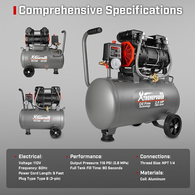 XtremepowerUS 2HP Ultra Quiet Air Compressor Tank Oil-Free Steel 60 dB Tank 7 Gallon, 4.9 CFM at 116 PSI, Ideal For Shop, Garage, Nail Gun, Pneumatic