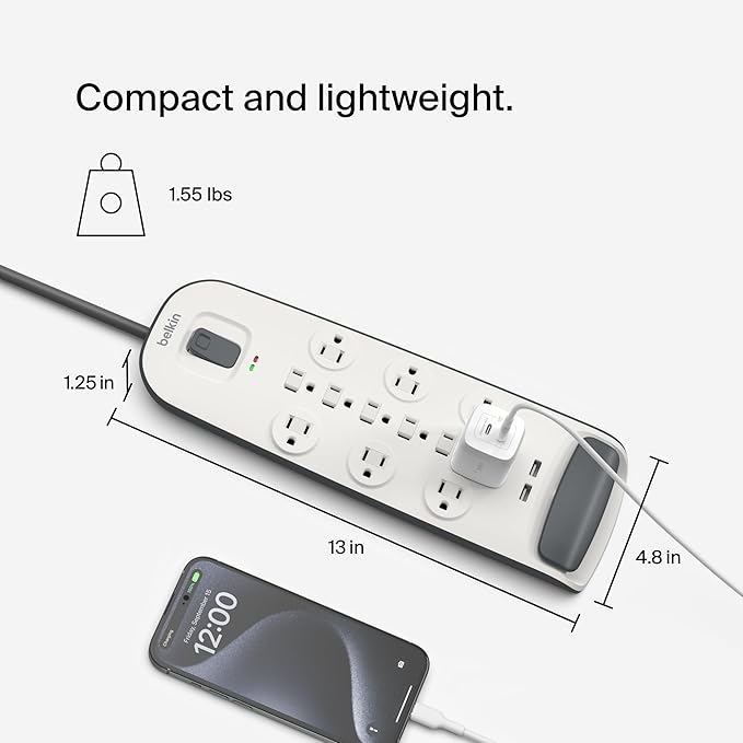Belkin USB Power Strip Surge Protector - 12 AC Multiple Outlets & 2 USB Ports - 6 ft Long Flat Plug Extension Cord for Home, Office, Travel, Computer Desktop & Charging Brick - White (3,996 Joules)