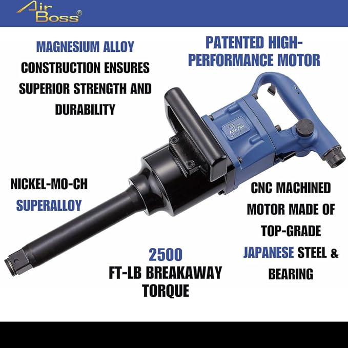 AW-280GL 1" Lightweight Air Impact Wrench – 6" Shaft, 2200 ft-lb Max Torque, 2500 ft-lb Nut Busting Torque, Twin Hammer, Magnesium Alloy Design