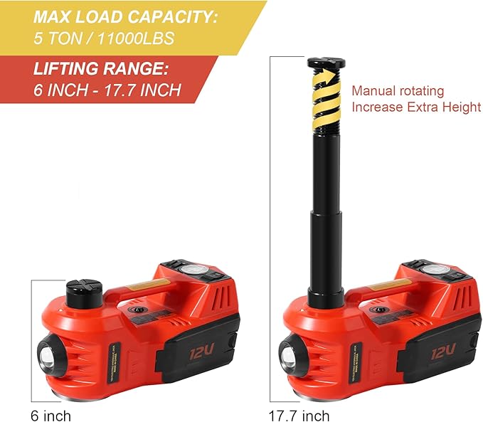 Electric Car Jack Kit, 5 Ton Hydraulic Car Jack with Electric Impact Wrench and Inflator Pump, 12V Portable Car Jack with LED Light for SUV MPV Sedan, Lifting Range 6 to 17.7 Inch (Red)