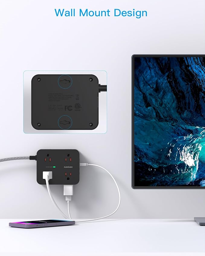 Power Strip Surge Protector 10 Ft Cord, Extension Cord Flat Plug with 8 Outlets 4 USB Ports(2 USB C), Wall Mount, Desk Charging Sation for Home Offcie