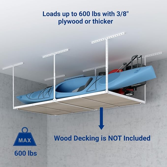 FLEXIMOUNTS 4x8 Overhead Garage Storage Rack without Decking,Garage Storage Organization System,Heavy Duty Metal Garage Ceiling Storage Racks,600lbs Weight Capacity,White