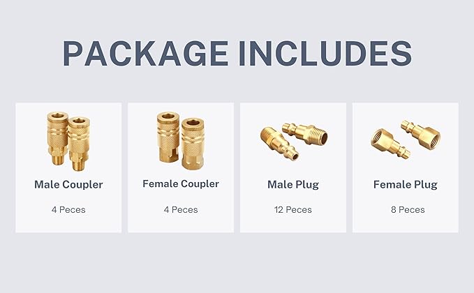 Air Hose Fittings, (28 Piece) Quick Connect Air Compressor Accessories Kit, Brass Industrial Air Coupler and Plug Kit - 1/4 Inch NPT Fittings
