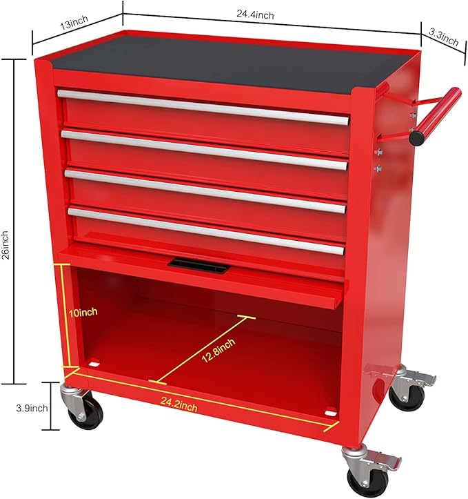 Rolling Tool Chest Metal Tool Box with Wheels Tool Cabinet Portable Tool Box with Wheels 4 Drawers Tool Cabinet with Tool Sets for Garage& storehouse, Bright Red
