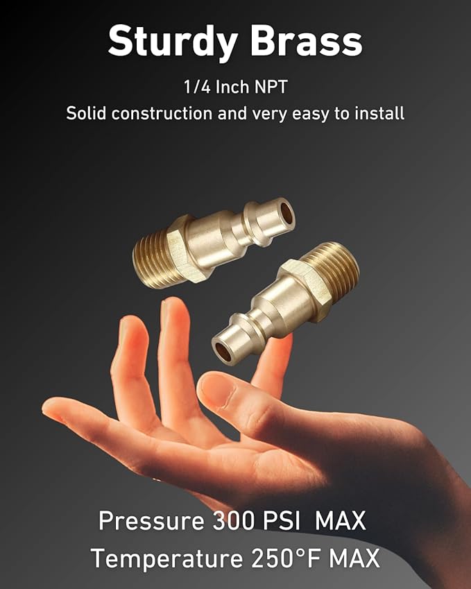 Air Hose Fittings And Quick Connect Air Fittings, 1/4 Inch NPT Brass Male Air Coupler Plug (20 Piece) Industrial Type D, Air Compressor Fittings