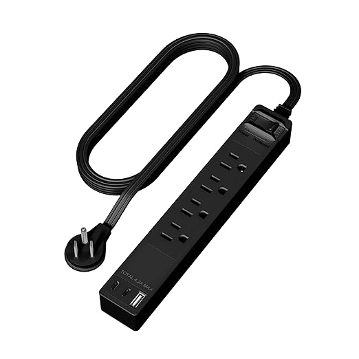 LIDER Outlet Extender with 4 Receptacles, USB Type-A and 2 USB Type-C, Ultra-Thin Flat-Plug with Cord Extender, 4-Outlet Power Strip, Slim Angled Design, Surge Protector, 720 Joules, 5ft Cord, Black