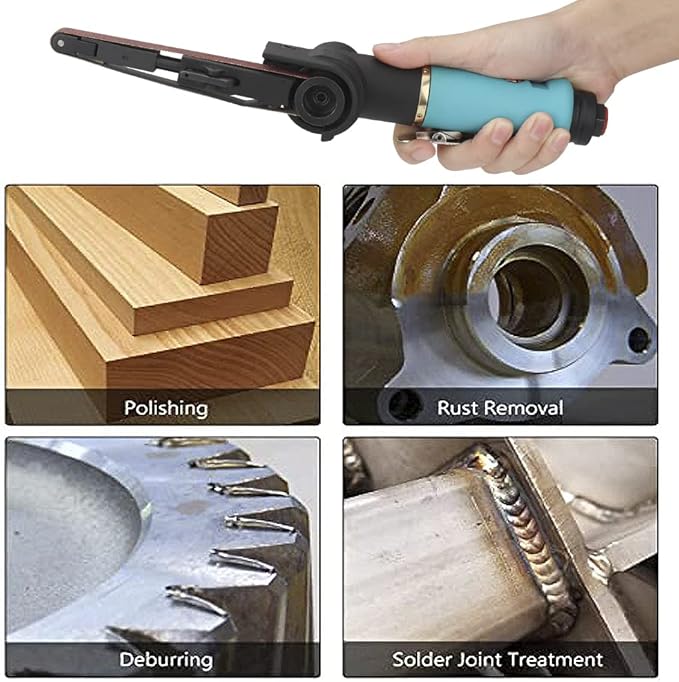 SI FANG Intensive Air Belt Sander 3/8 x 13 inch with 16Pcs Sanding Belts (Grit 40 60 80 120 each 4pcs), Mini Pneumatic Tool for Metal Wood Plastics Rubber, Providing Polishing, Stripping & Sanding