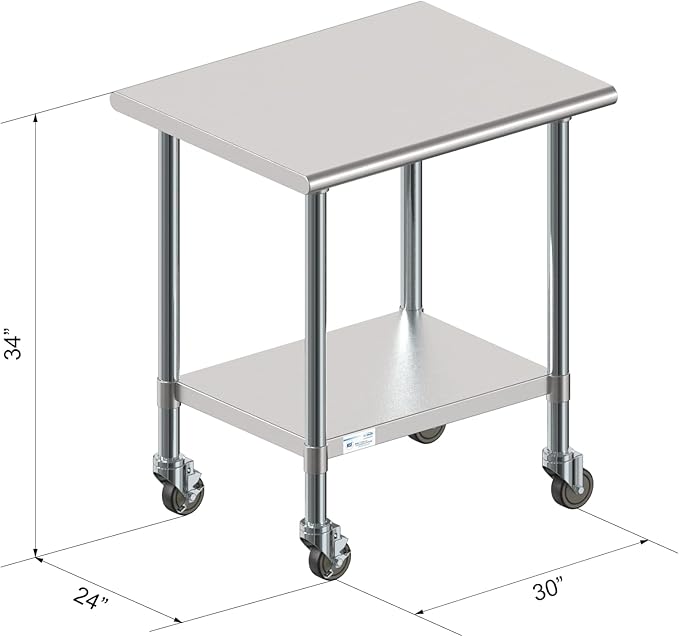 KoolMore Commercial 24x30'' Stainless Steel Work Table with Wheels for Restaurant or Home Use, Under Storage Shelf Food, Tools, Equipment, & Hardware, Heavy Duty Metal Workspace (CT2430-18C), Silver
